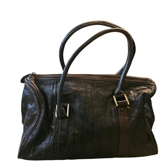 Vintage Eel Skin Genuine Leather Brown Handbag With Double Handles & Zip Closure - Picture 1 of 13